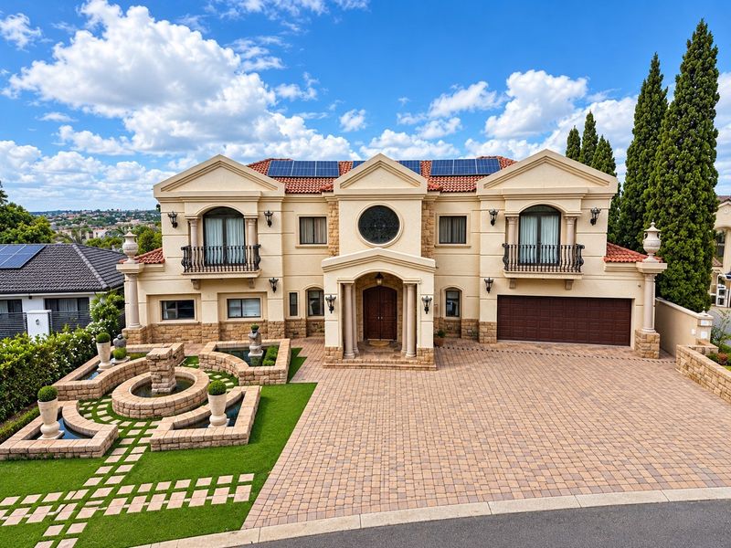 Impressive double-story residence featuring stone cladding, terracotta roof tiles, solar panels, a paved driveway, double garage, and a landscaped front garden with water features.