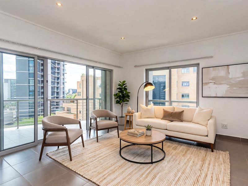 Bright and modern living room featuring large sliding glass doors that open onto a balcony, tiled flooring, and recessed lighting.