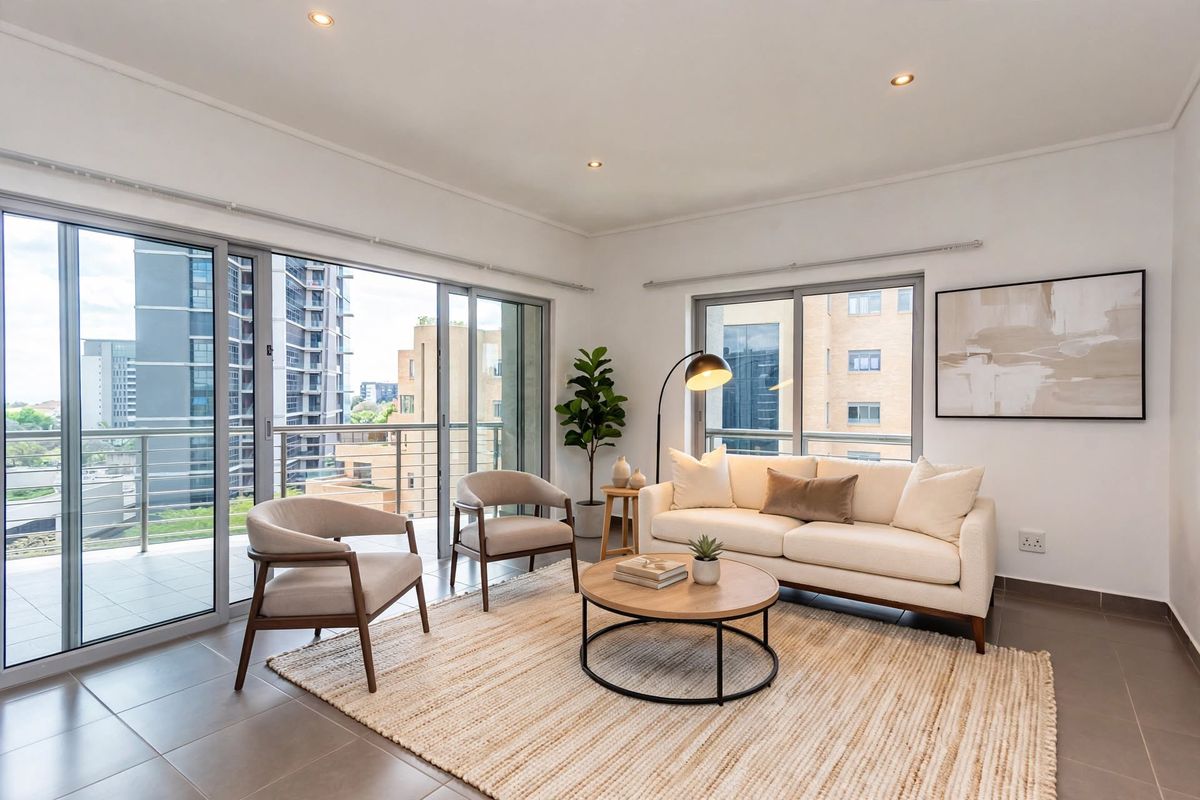 Bright and modern living room featuring large sliding glass doors that open onto a balcony, tiled flooring, and recessed lighting.