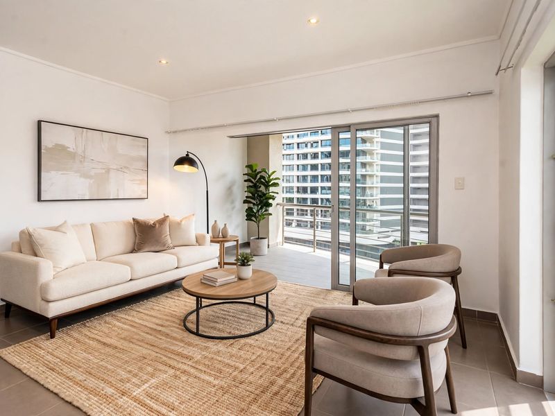 Bright and modern living room featuring neutral tiled flooring, recessed lighting, and large sliding glass doors providing seamless access to the balcony.