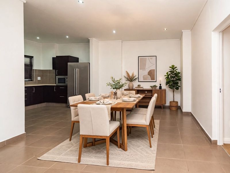 An open-plan living and dining area featuring tiled flooring, recessed lighting, and a modern kitchen with dark cabinetry and tiled backsplash.