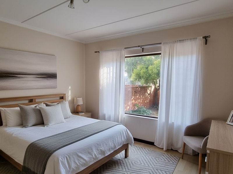 A well-lit bedroom featuring laminate flooring, neutral wall tones, and a large window providing natural light and a view of the garden.