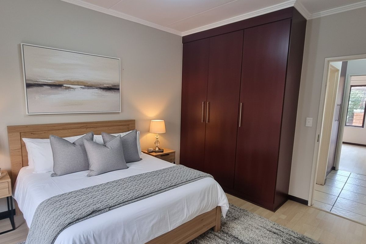 A well-maintained bedroom featuring light laminate flooring, neutral walls, and a large dark wood built-in wardrobe.