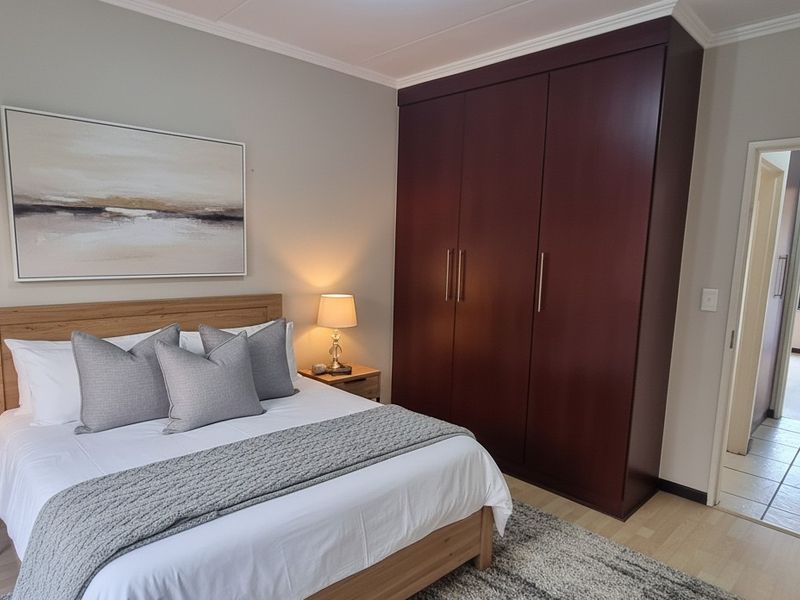 A well-maintained bedroom featuring light laminate flooring, neutral walls, and a large dark wood built-in wardrobe.