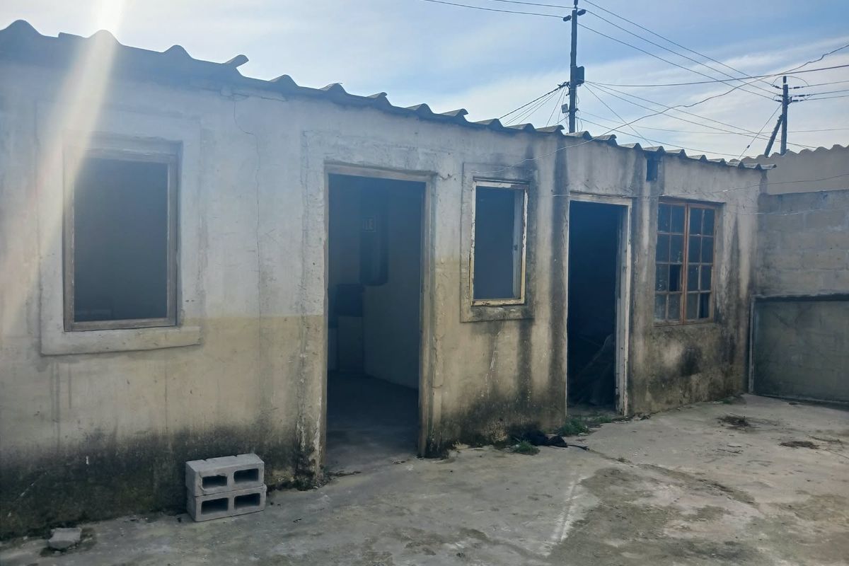 Rear exterior view of a dwelling showing significant wear to the plaster and paint, with multiple window frames and concrete patio area requiring maintenance.