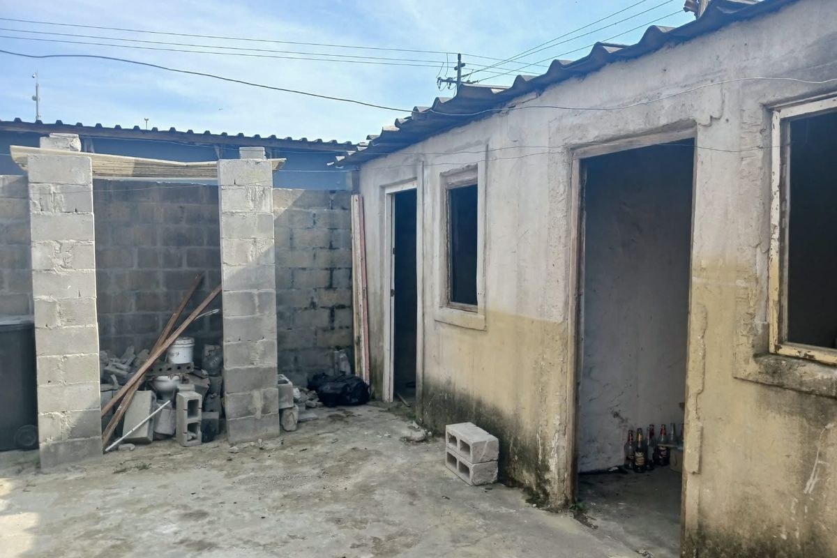 Rear exterior view of a property showing unfinished concrete block structures and weathered exterior walls requiring significant maintenance and repair.