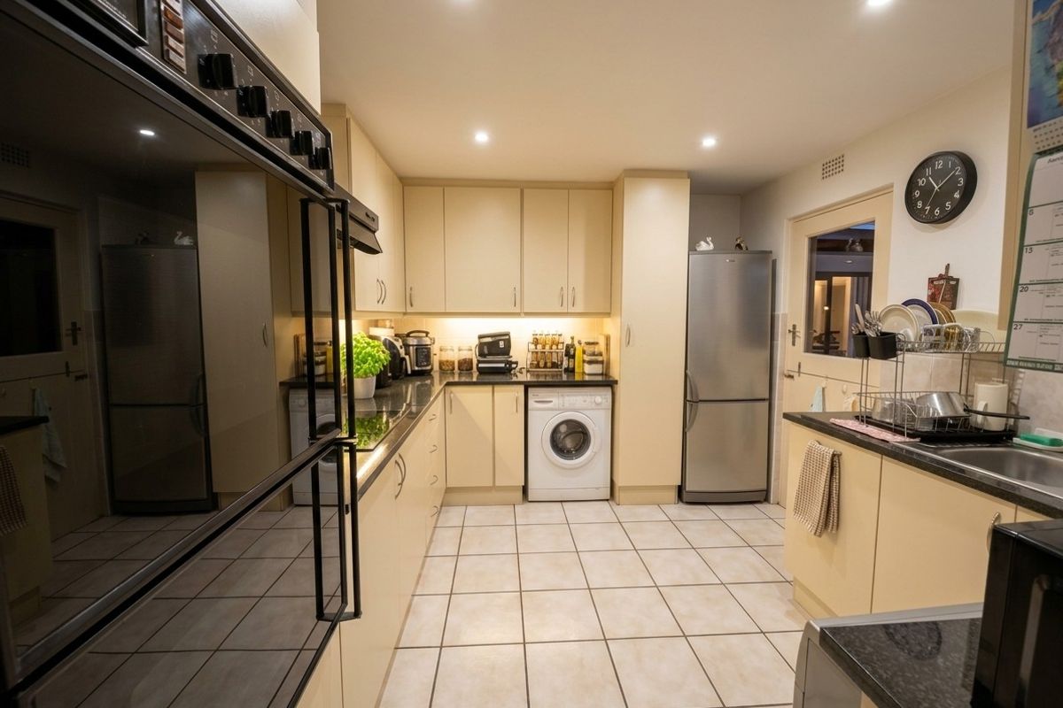 Functional kitchen featuring built-in cabinetry, double wall oven, ceramic hob, integrated washing machine, and tiled flooring with ample counter space.