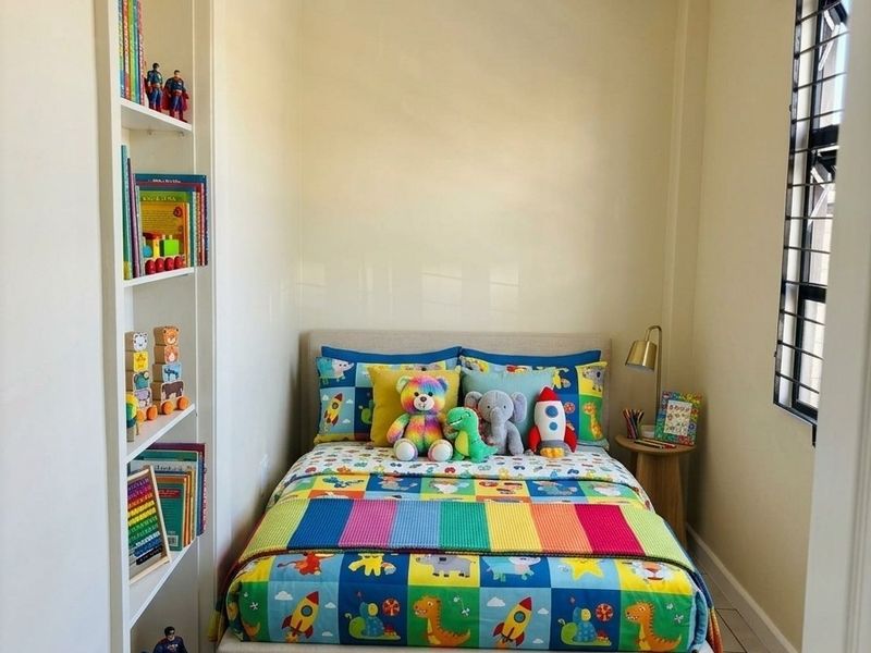 A compact bedroom featuring built-in shelving, tiled flooring, and a window with security bars, finished with a tongue and groove ceiling.