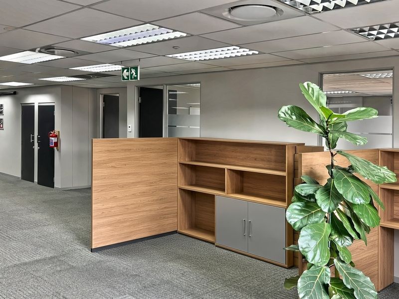 A professional open-plan office space featuring suspended ceilings, recessed lighting, carpeted flooring, and built-in wooden partitions for organized workspace division.