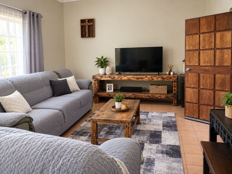 A comfortable living room featuring tiled flooring and a distinctive wooden panel door, providing a warm and inviting atmosphere.
