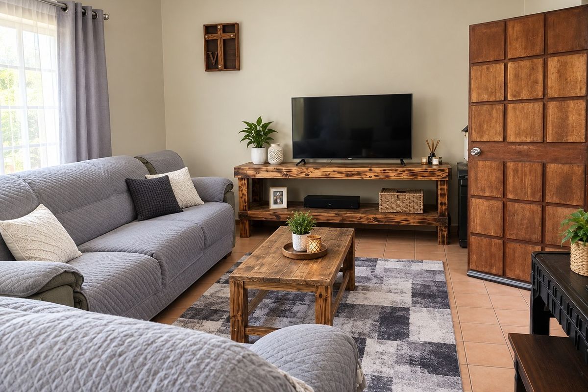 A comfortable living room featuring tiled flooring and a distinctive wooden panel door, providing a warm and inviting atmosphere.