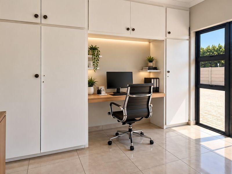 A modern home office featuring extensive built-in cabinetry, a sleek integrated desk, and large glass doors providing natural light and garden access.