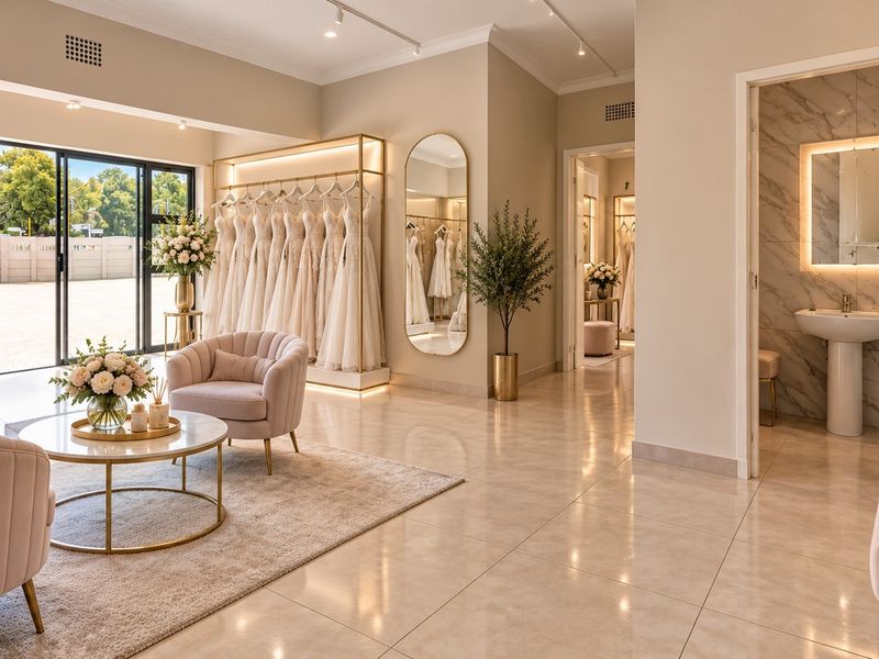 A high-end boutique space featuring polished porcelain flooring, recessed track lighting, integrated clothing display racks, and an elegant marble-tiled bathroom area.