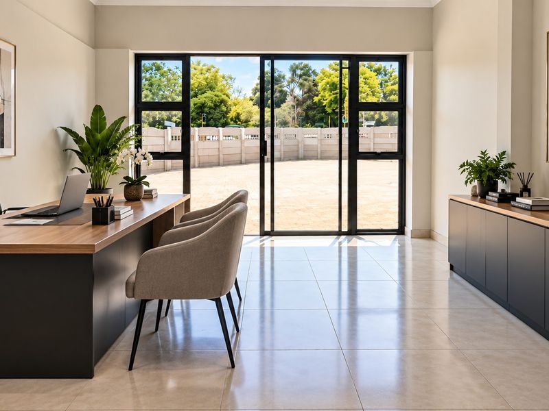A modern, well-lit home office featuring sleek built-in cabinetry, large black aluminium sliding doors, and polished tiled flooring with a view of the garden.