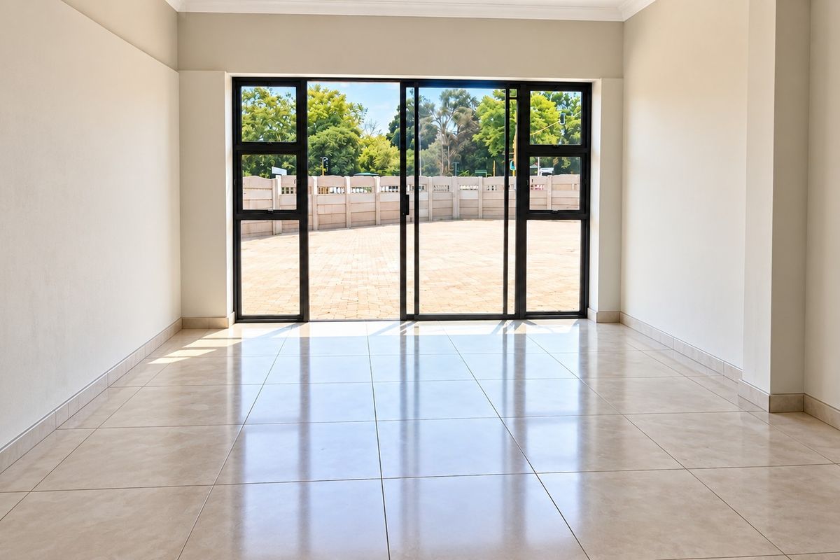 A bright, empty living room featuring neutral tiled flooring and large sliding glass doors that open to an outdoor paved area.