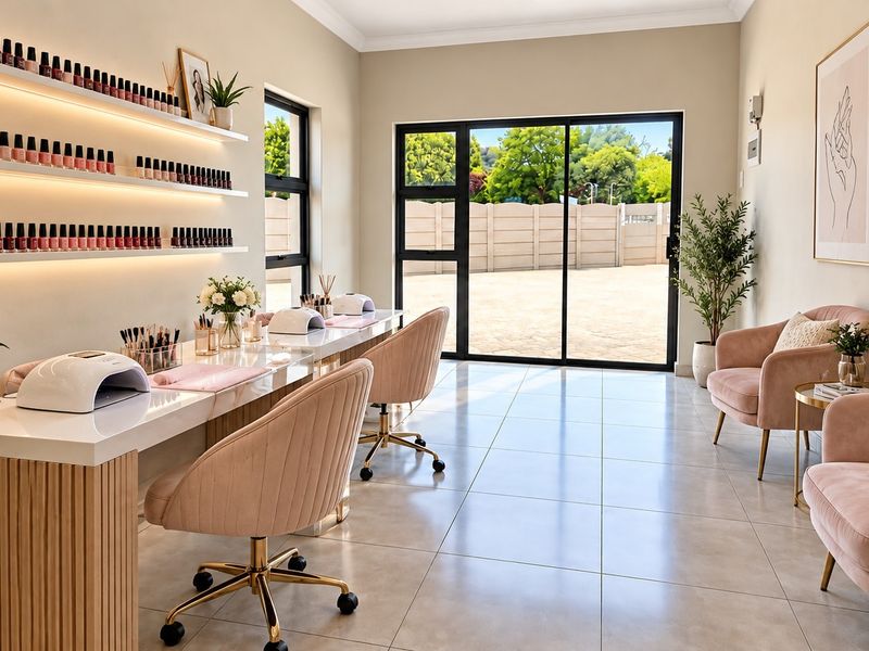 A well-maintained commercial or home studio space featuring built-in illuminated shelving, tiled floors, and large sliding glass doors leading to an outdoor area.