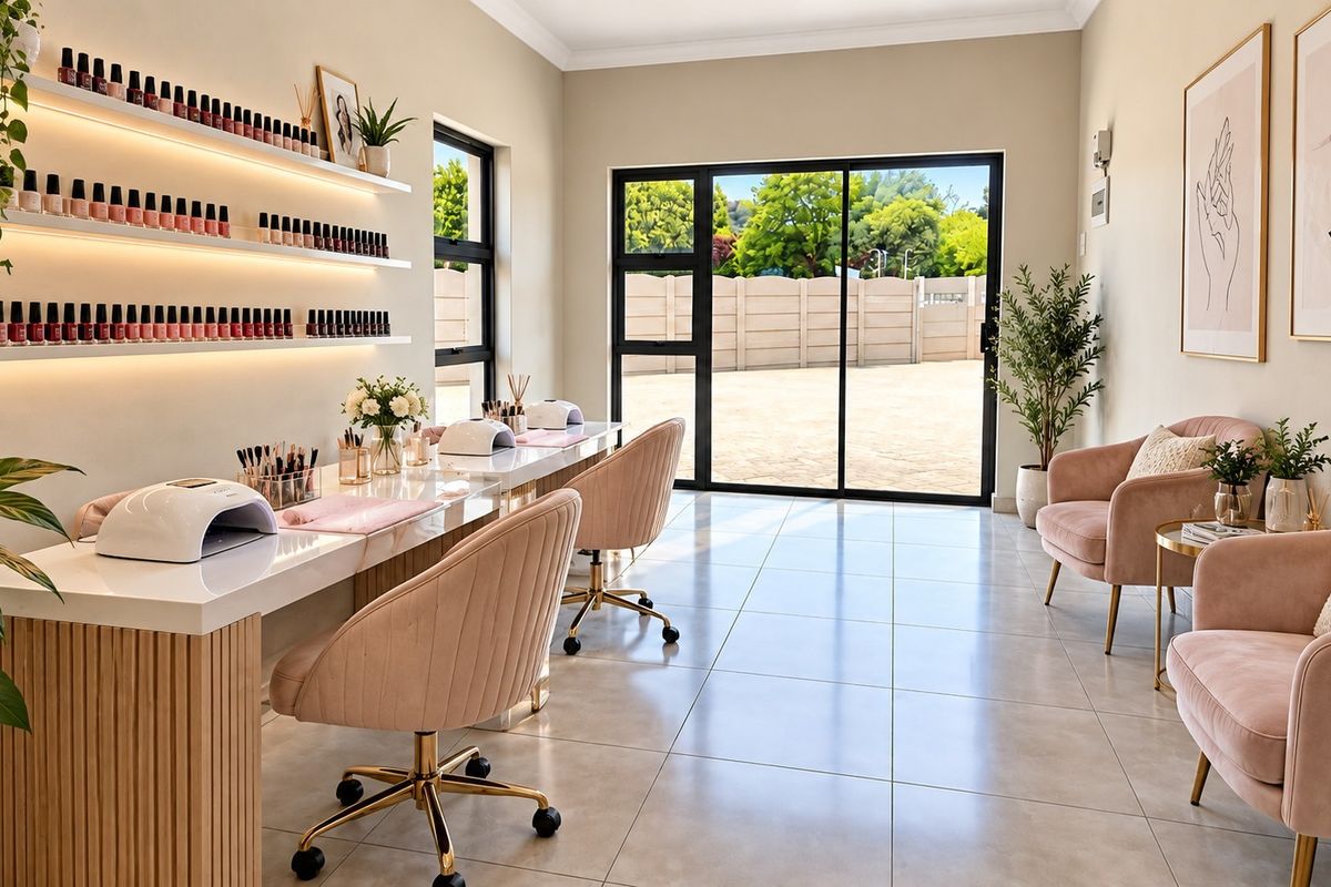 A well-maintained commercial or home studio space featuring built-in illuminated shelving, tiled floors, and large sliding glass doors leading to an outdoor area.
