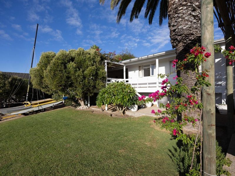 A rear view of the property featuring a raised wooden deck, established garden, and mature trees under a clear blue sky.
