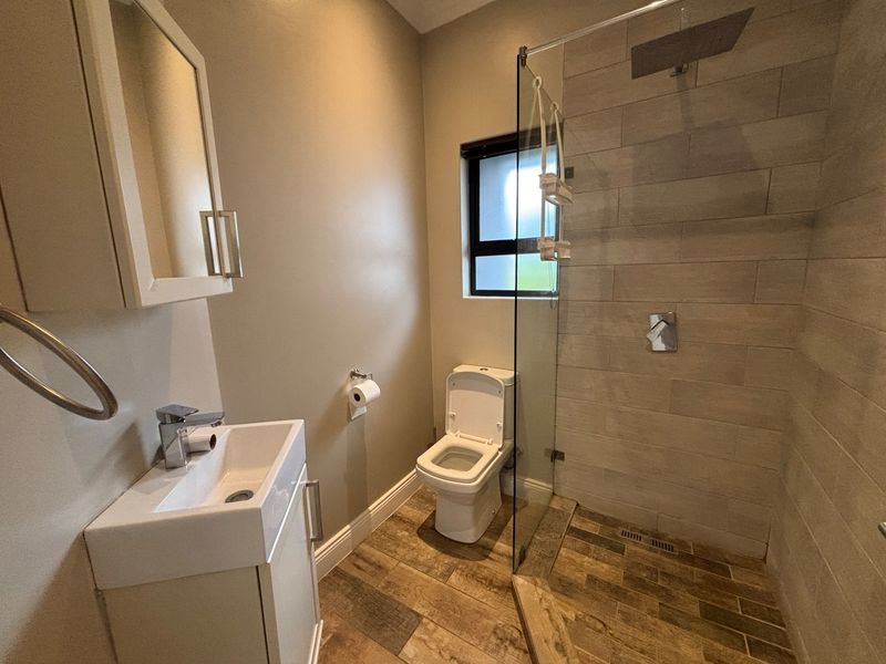 Modern bathroom featuring a walk-in shower with glass screen, rain shower head, vanity cabinet with basin, and wood-look floor tiles.