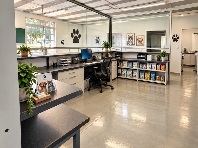A well-maintained retail reception area featuring a professional desk, glass partitions, built-in shelving, and polished epoxy flooring in a bright, modern space.