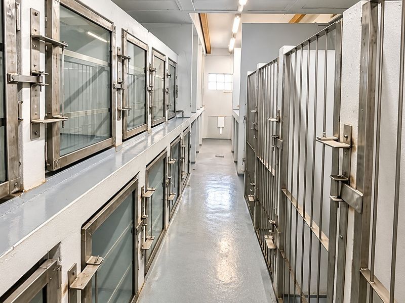 A clean, well-maintained kennel facility featuring stainless steel enclosures, durable epoxy flooring, and integrated drainage, suitable for professional animal care operations.
