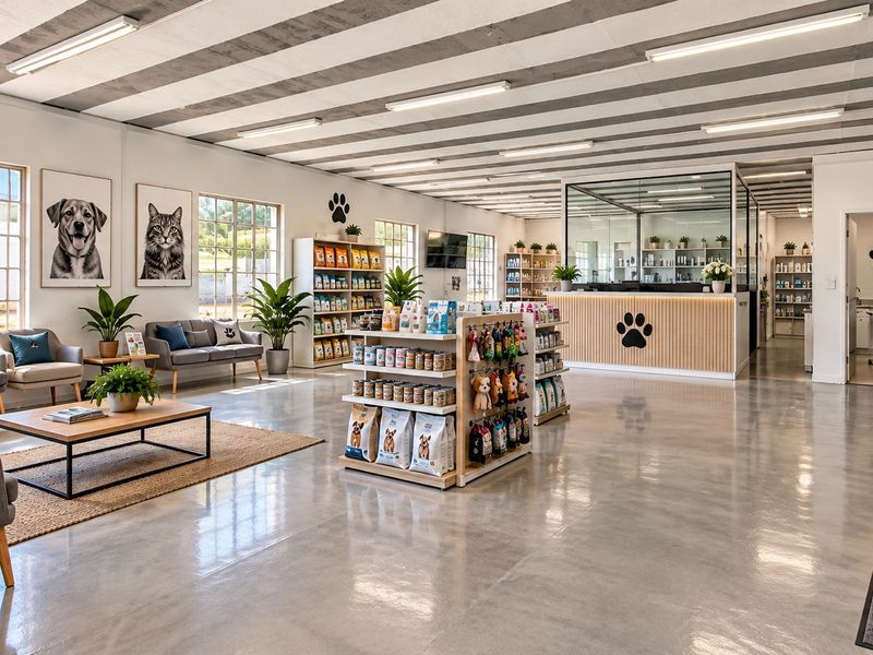 Spacious retail interior featuring polished concrete floors, exposed beam ceilings, a central reception desk, and integrated product display shelving.