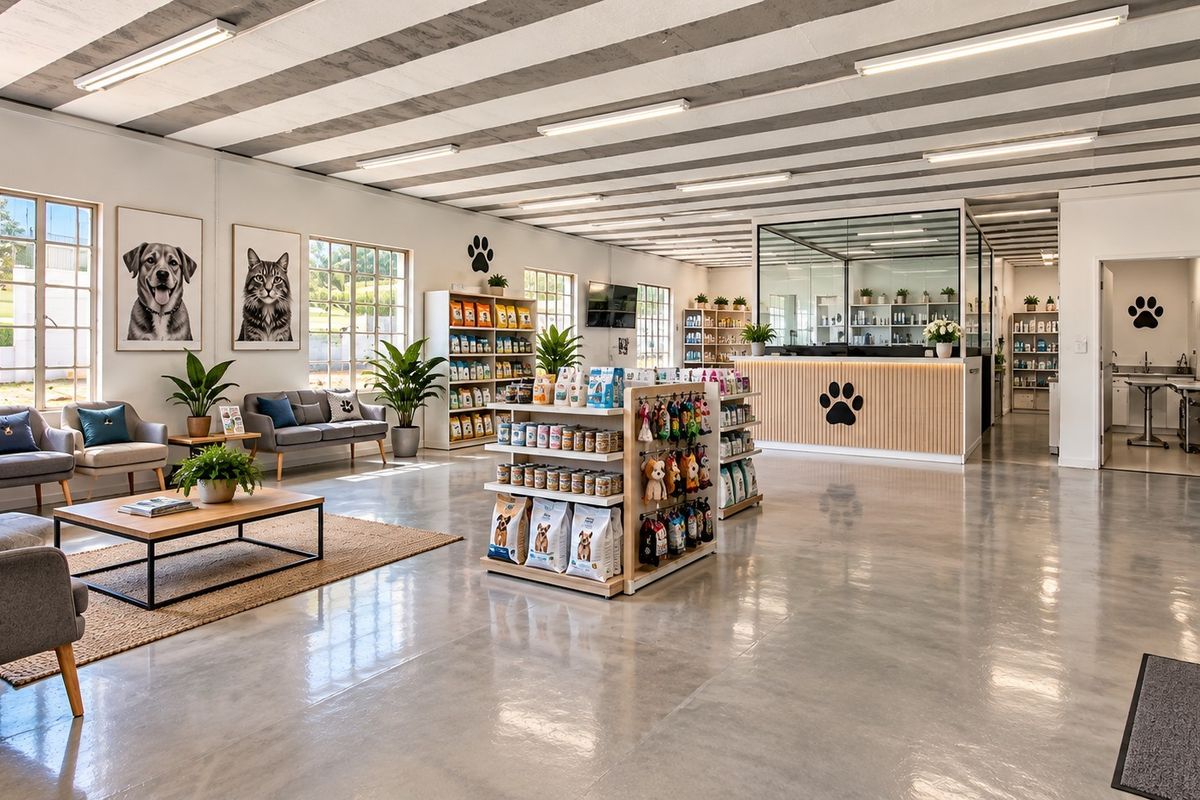 Spacious retail interior featuring polished concrete floors, exposed beam ceilings, a central reception desk, and integrated product display shelving.