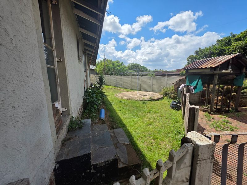 Rear exterior view showing a garden area, precast concrete boundary wall, stone steps, and a small outbuilding with a corrugated metal roof.
