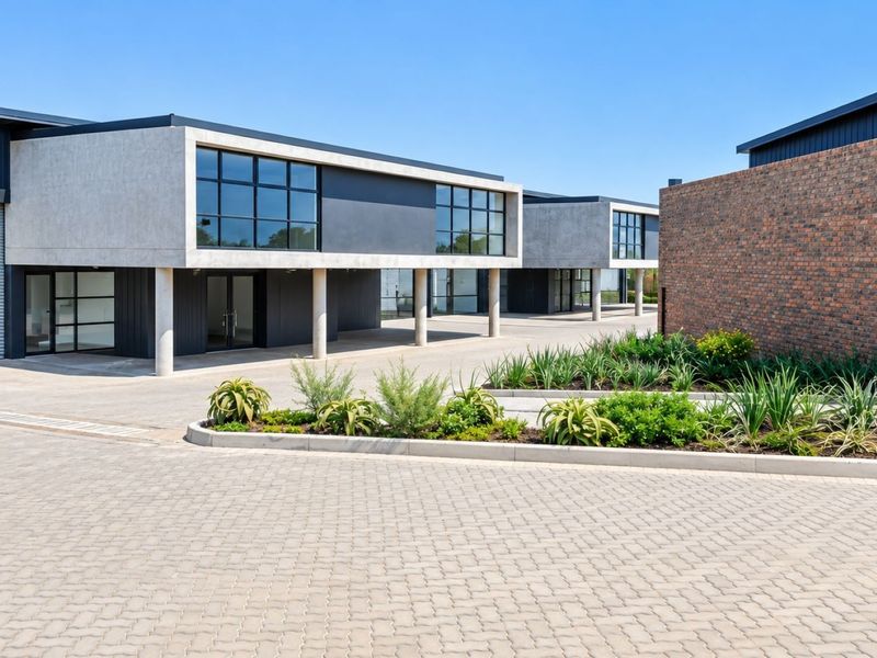 Modern commercial industrial units featuring contemporary architecture, large glass windows, roller shutter doors, and a well-maintained paved driveway with landscaped garden beds.