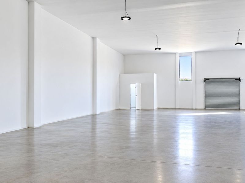 Spacious, modern open-plan commercial unit featuring polished concrete floors, high ceilings, roller shutter access, and abundant natural light through vertical windows.