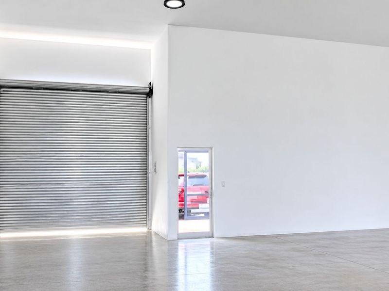 Spacious, modern commercial garage featuring a high-clearance roller shutter door, polished concrete flooring, and clean, minimalist white walls with recessed lighting.