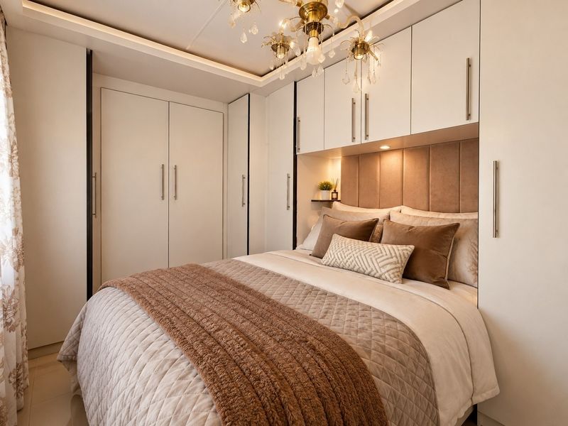 A well-appointed bedroom featuring extensive built-in cabinetry, an integrated upholstered headboard, and elegant recessed ceiling lighting.