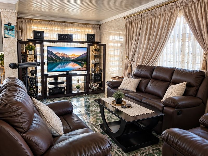 A comfortable living room featuring tiled flooring and a tongue and groove ceiling, providing a functional space for relaxation and entertainment.