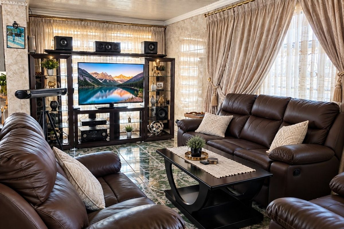 A comfortable living room featuring tiled flooring and a tongue and groove ceiling, providing a functional space for relaxation and entertainment.