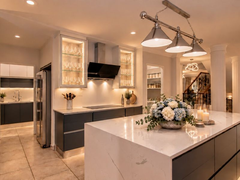 Modern open-plan kitchen featuring a large stone-topped island, sleek cabinetry, integrated appliances, and elegant lighting, with an adjacent scullery and view of the living area.