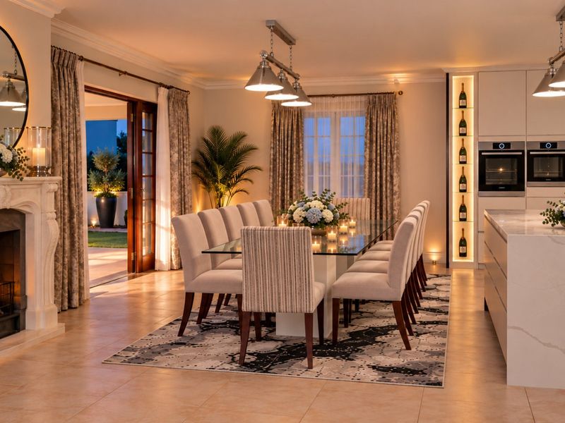 Elegant open-plan dining and kitchen area featuring a stone fireplace, modern built-in ovens, a large stone-topped island, and seamless access to the patio.