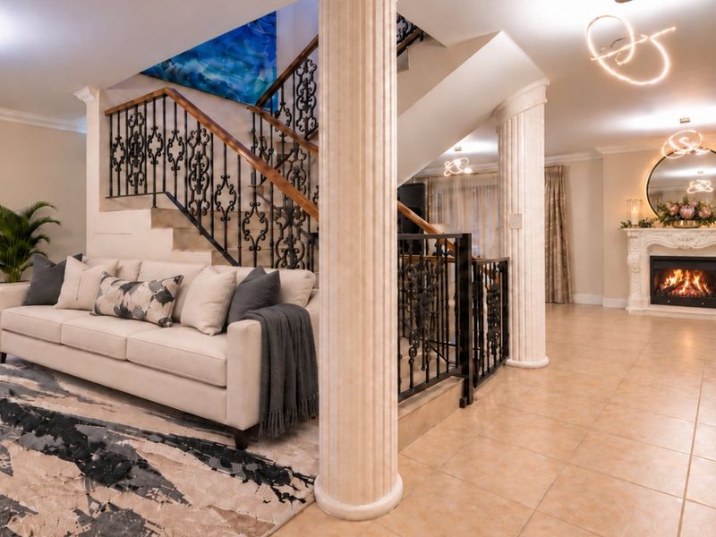 Spacious living area featuring a grand staircase with wrought iron detailing, decorative fluted columns, and an elegant fireplace with a classic mantelpiece.