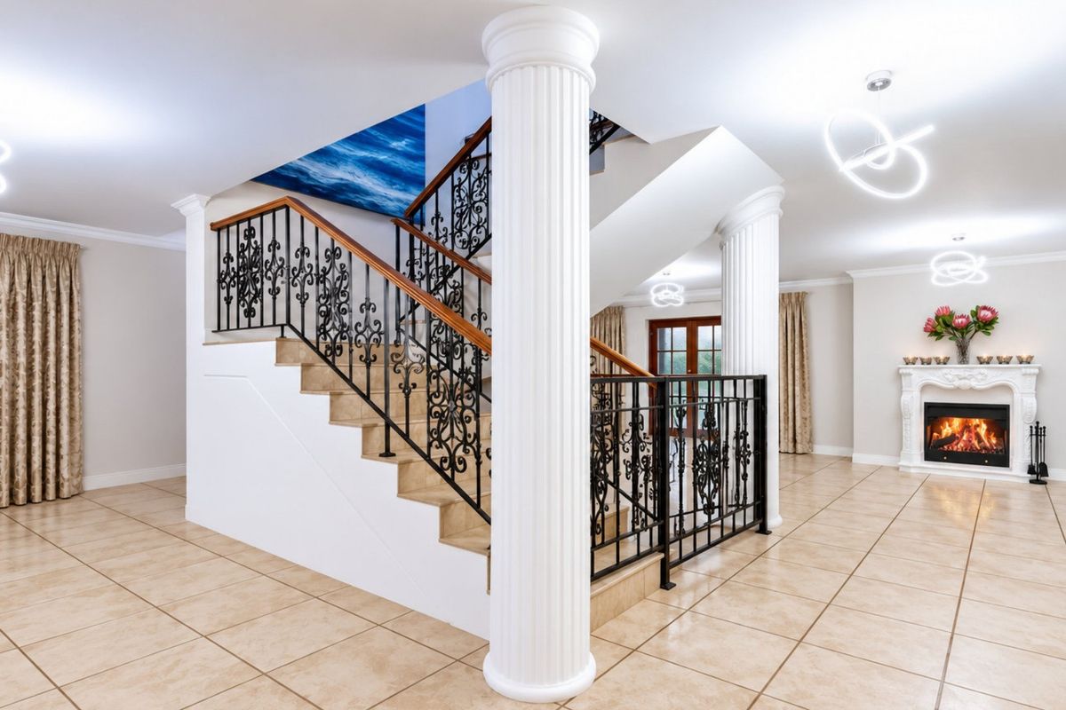 Spacious living area featuring a grand staircase with wrought iron balustrades, decorative columns, and a classic fireplace with a mantelpiece.