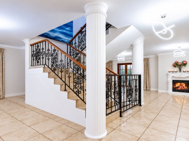 Spacious living area featuring a grand staircase with wrought iron balustrades, decorative columns, and a classic fireplace with a mantelpiece.