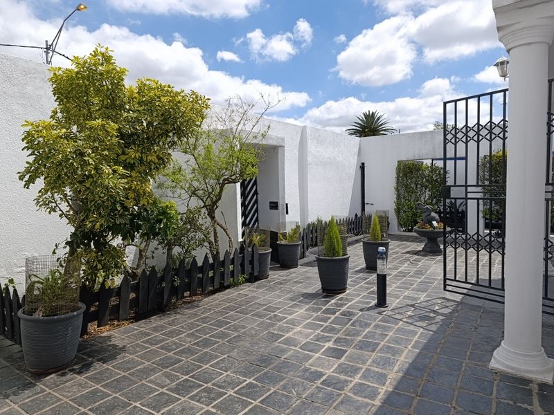 A well-maintained front courtyard featuring stone paving, white rendered walls, and a secure metal entrance gate.