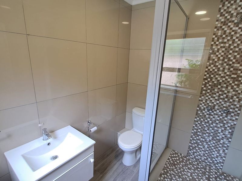 Modern bathroom featuring a vanity basin, toilet, and a glass-enclosed shower with a decorative mosaic tile accent wall.