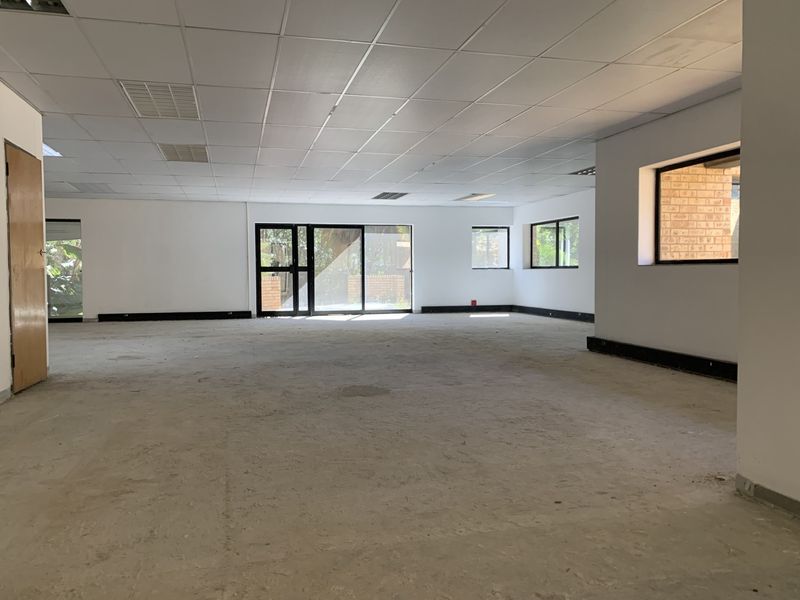 A spacious, vacant open-plan commercial office area featuring a suspended ceiling, recessed lighting, and large windows providing ample natural light.