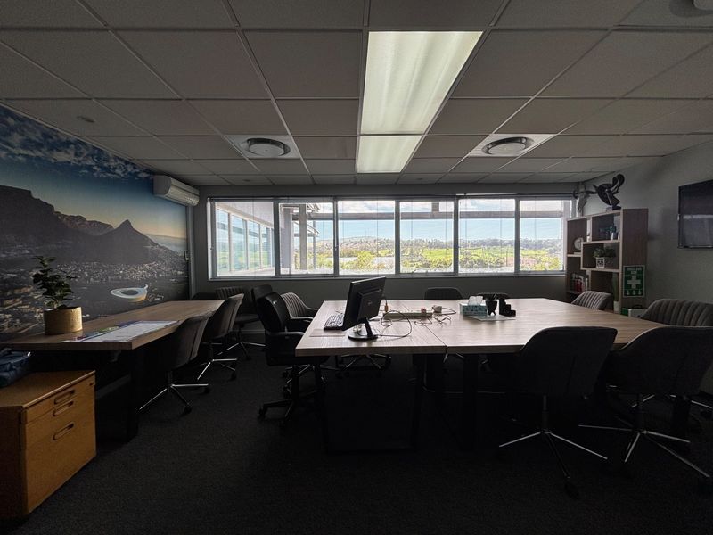 A functional office space featuring a suspended ceiling, recessed lighting, air conditioning, and large windows providing natural light and exterior views.