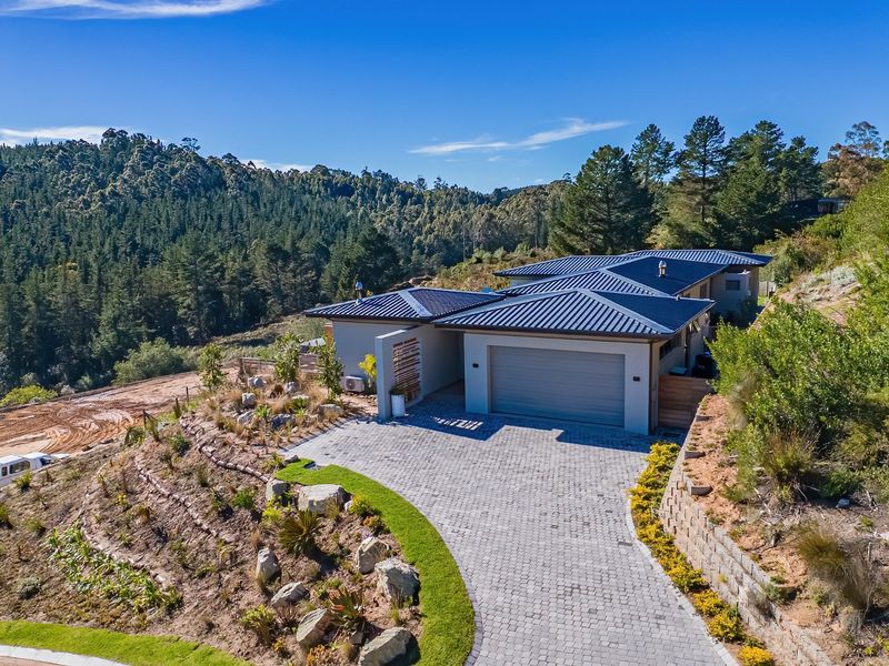 Aerial view of a modern house featuring a metal roof, paved driveway, double garage, and landscaped terraced gardens set against a forested hillside.