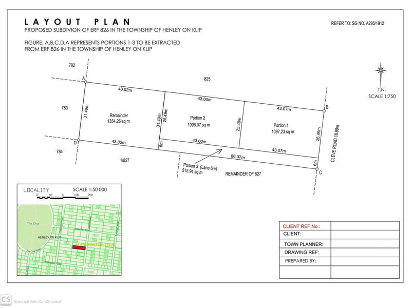 A layout plan showing the proposed subdivision of Erf 826 in the township of Henley on Klip, including measurements and locality map.