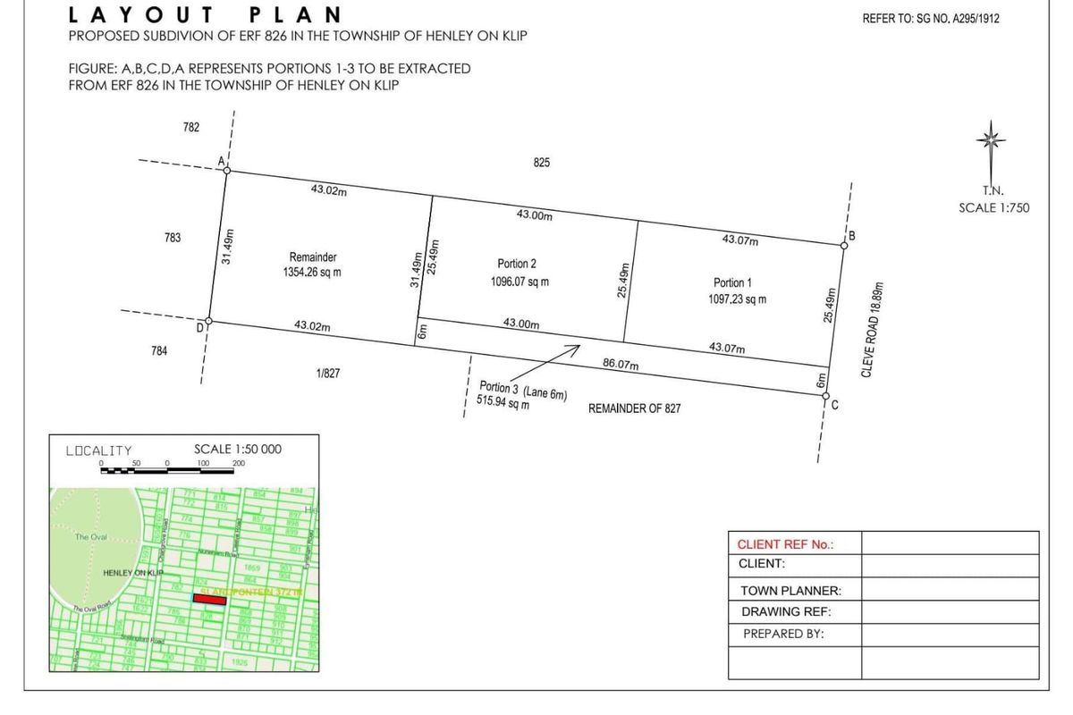 A layout plan showing the proposed subdivision of Erf 826 in the township of Henley on Klip, including measurements and locality map.