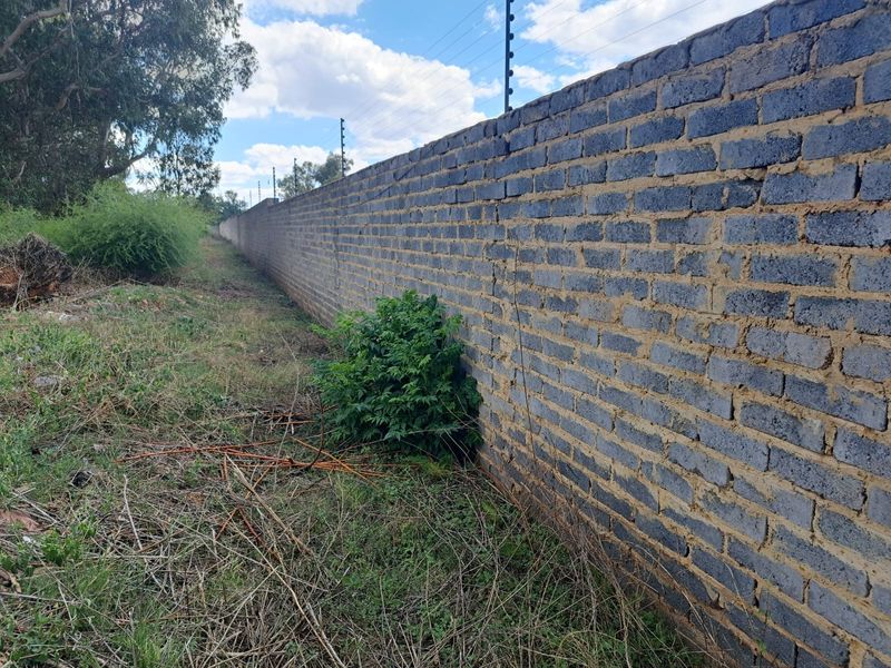 A long brick boundary wall featuring installed electric fencing, bordering an undeveloped residential plot with overgrown grass and vegetation.