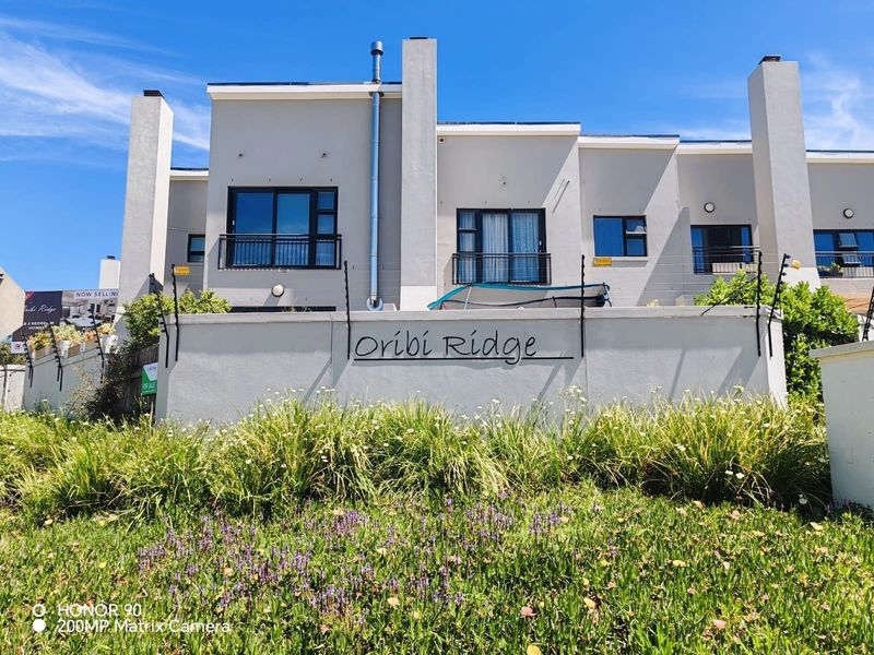 Front elevation of the Oribi Ridge residential complex, featuring modern architectural design, external chimneys, and secure boundary wall with electric fencing.