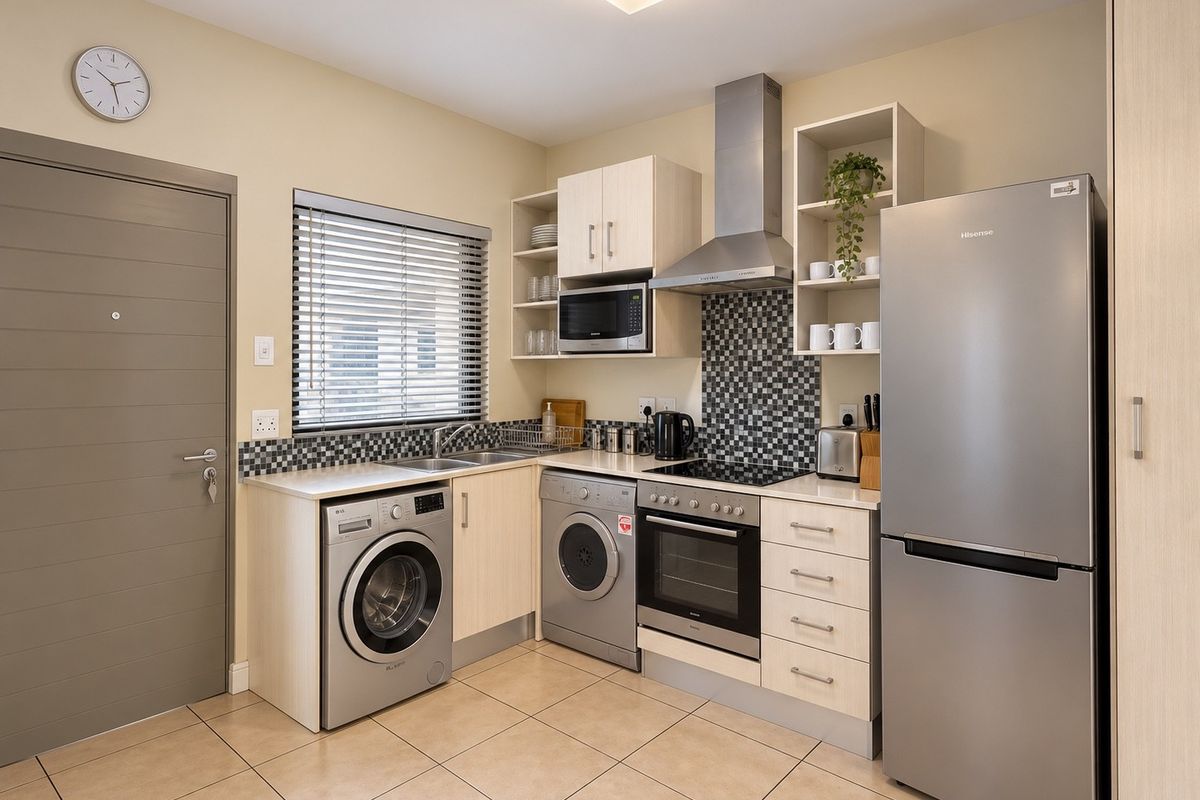 A well-maintained kitchen featuring built-in cabinetry, stainless steel appliances, a tiled splashback, and tiled flooring, offering a functional and clean workspace.