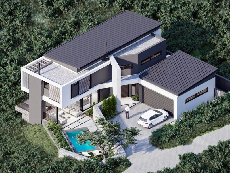 Aerial view of a modern architectural house featuring a flat roof, double garage, paved driveway, and a private swimming pool.